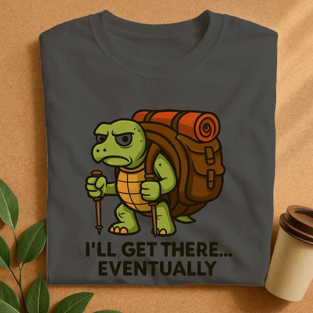 Grumpy Tortoise Trekker with Giant Backpack – Slow & Steady Adventure T-Shirt