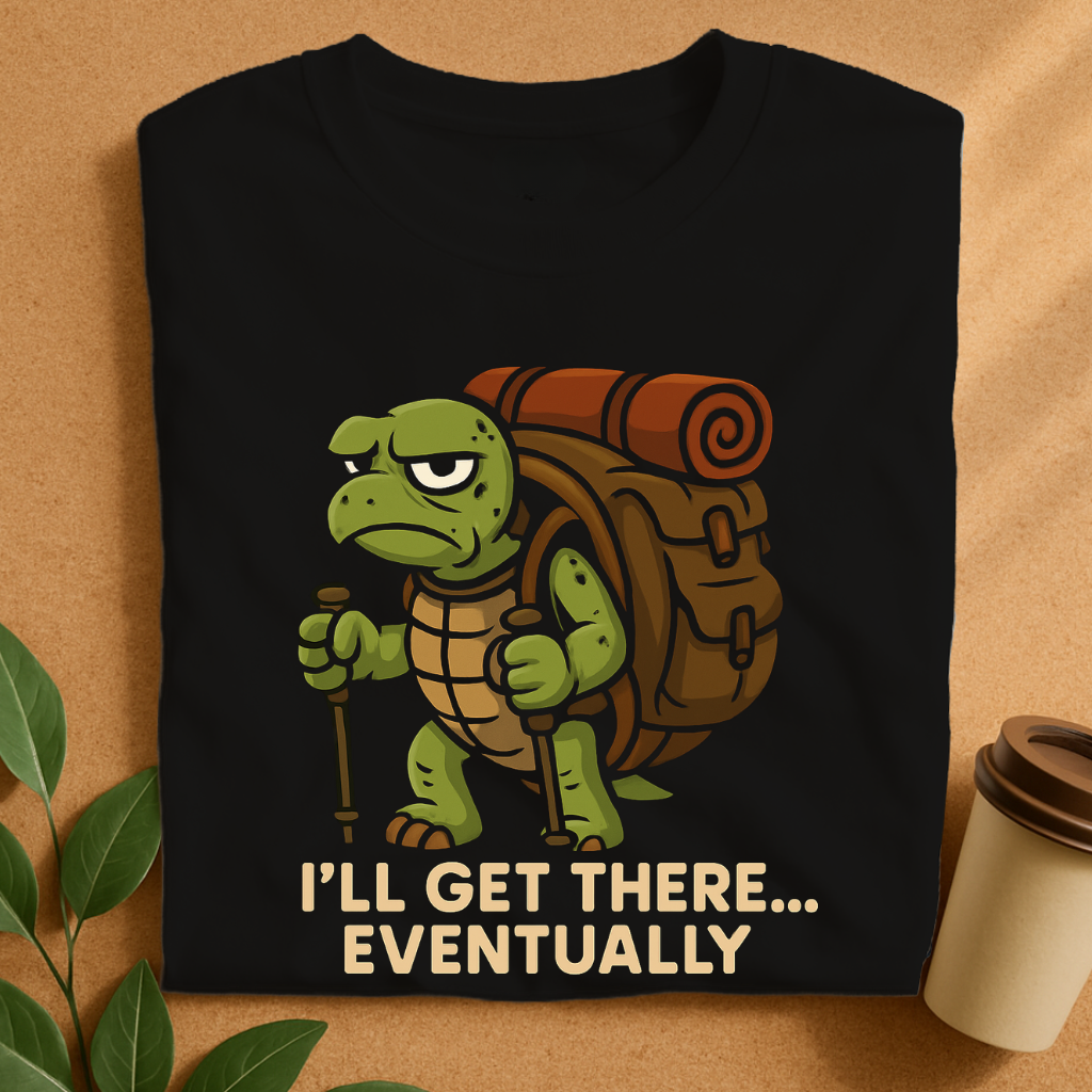 Grumpy Tortoise Trekker with Giant Backpack – Slow & Steady Adventure T-Shirt