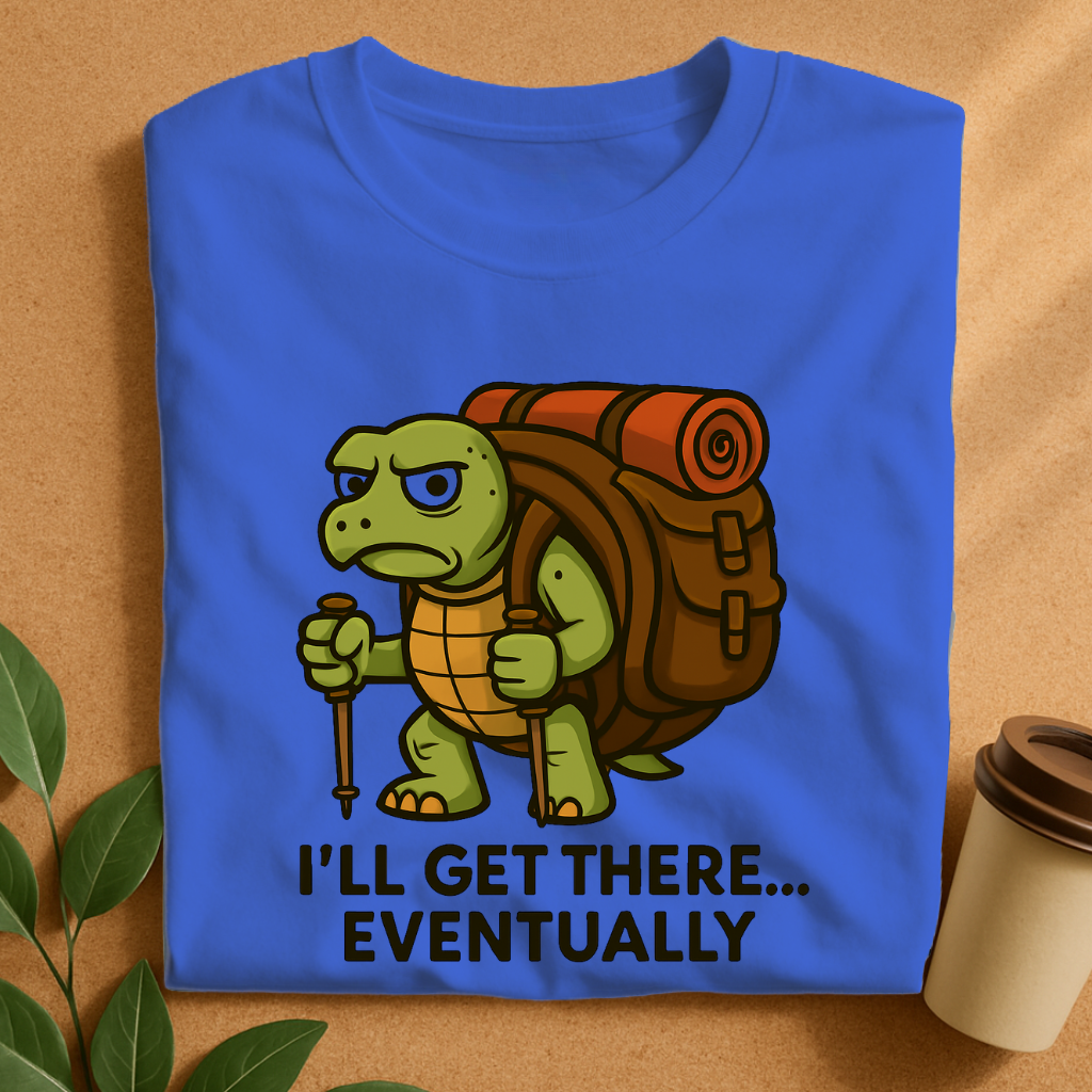 Grumpy Tortoise Trekker with Giant Backpack – Slow & Steady Adventure T-Shirt