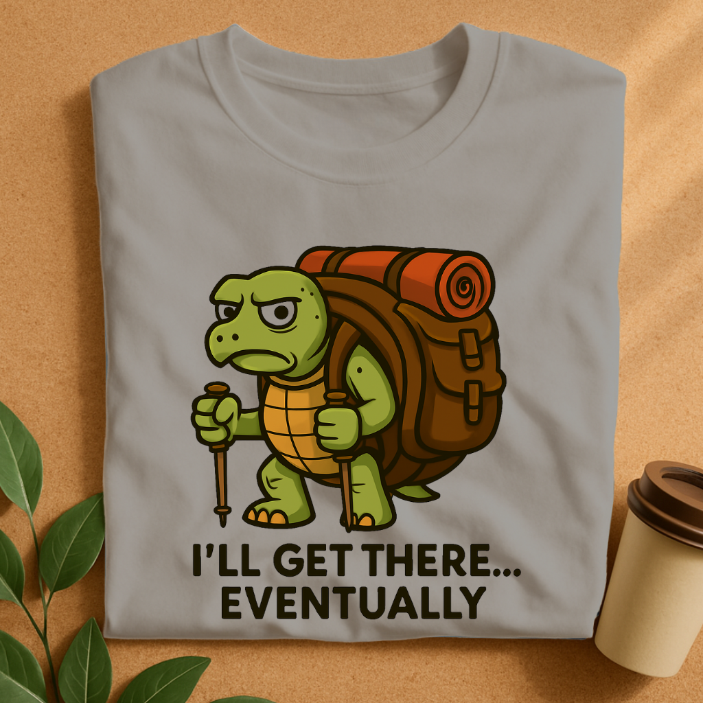 Grumpy Tortoise Trekker with Giant Backpack – Slow & Steady Adventure T-Shirt