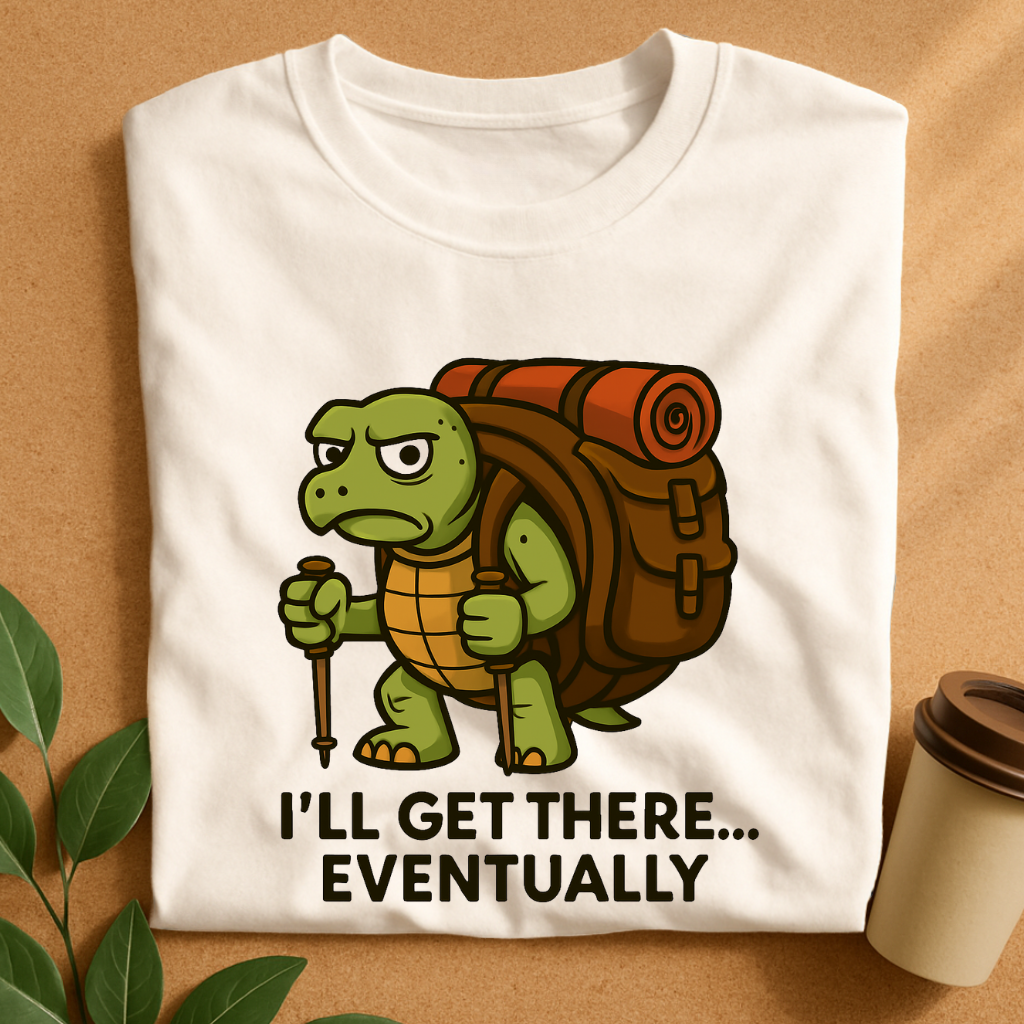 Grumpy Tortoise Trekker with Giant Backpack – Slow & Steady Adventure T-Shirt