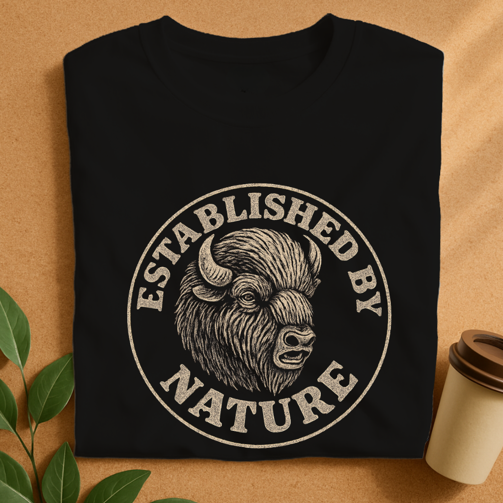 Rustic Woodcut Bison Badge Tee – Vintage Wilderness Emblem T-Shirt