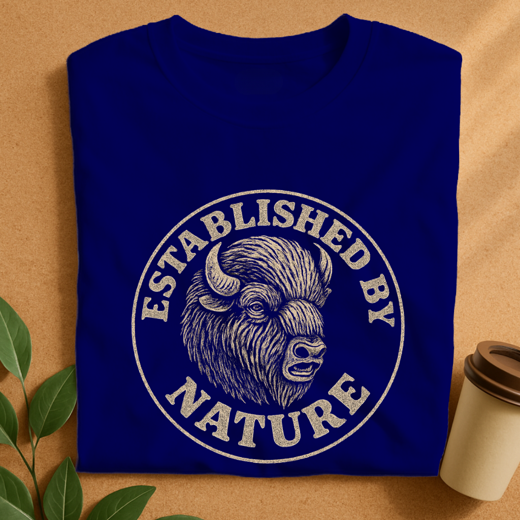 Rustic Woodcut Bison Badge Tee – Vintage Wilderness Emblem T-Shirt