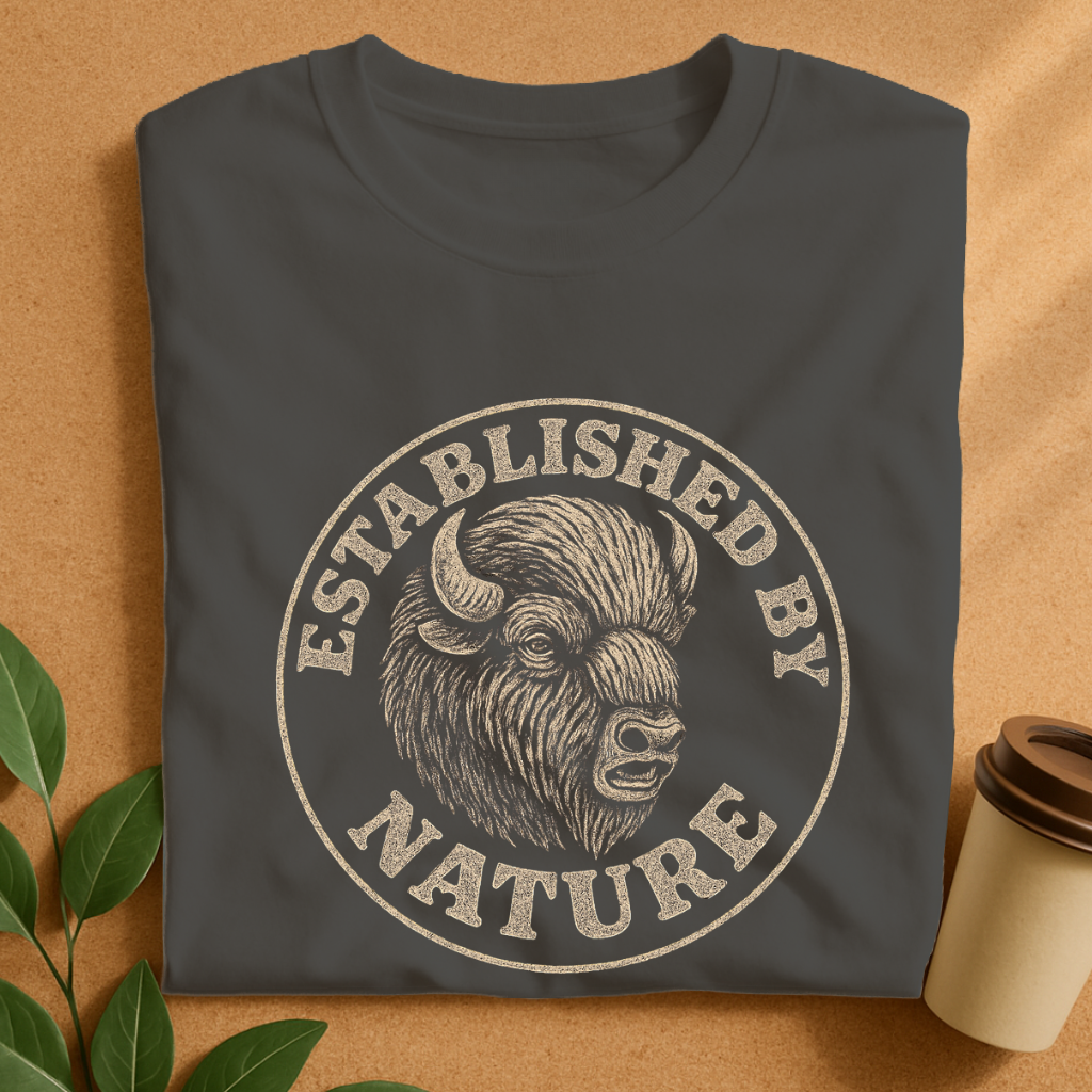 Rustic Woodcut Bison Badge Tee – Vintage Wilderness Emblem T-Shirt