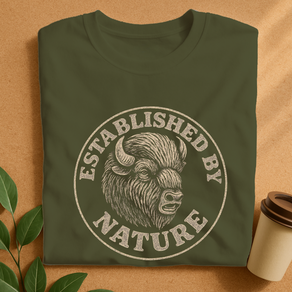 Rustic Woodcut Bison Badge Tee – Vintage Wilderness Emblem T-Shirt