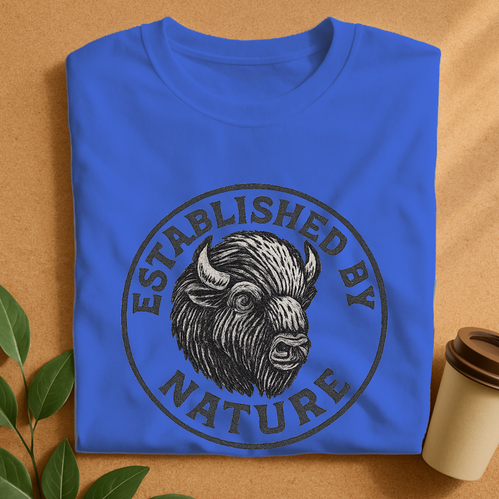 Rustic Woodcut Bison Badge Tee – Vintage Wilderness Emblem T-Shirt