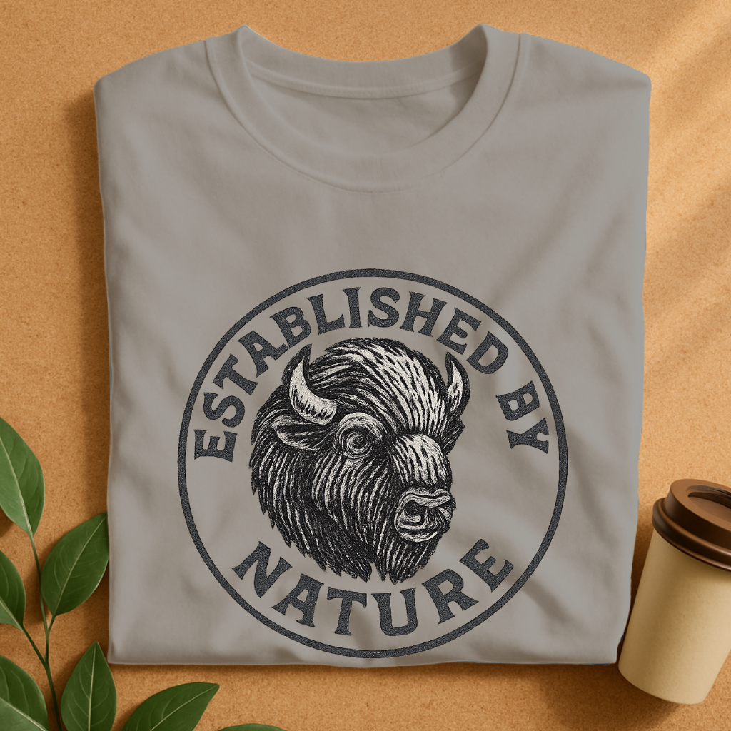 Rustic Woodcut Bison Badge Tee – Vintage Wilderness Emblem T-Shirt