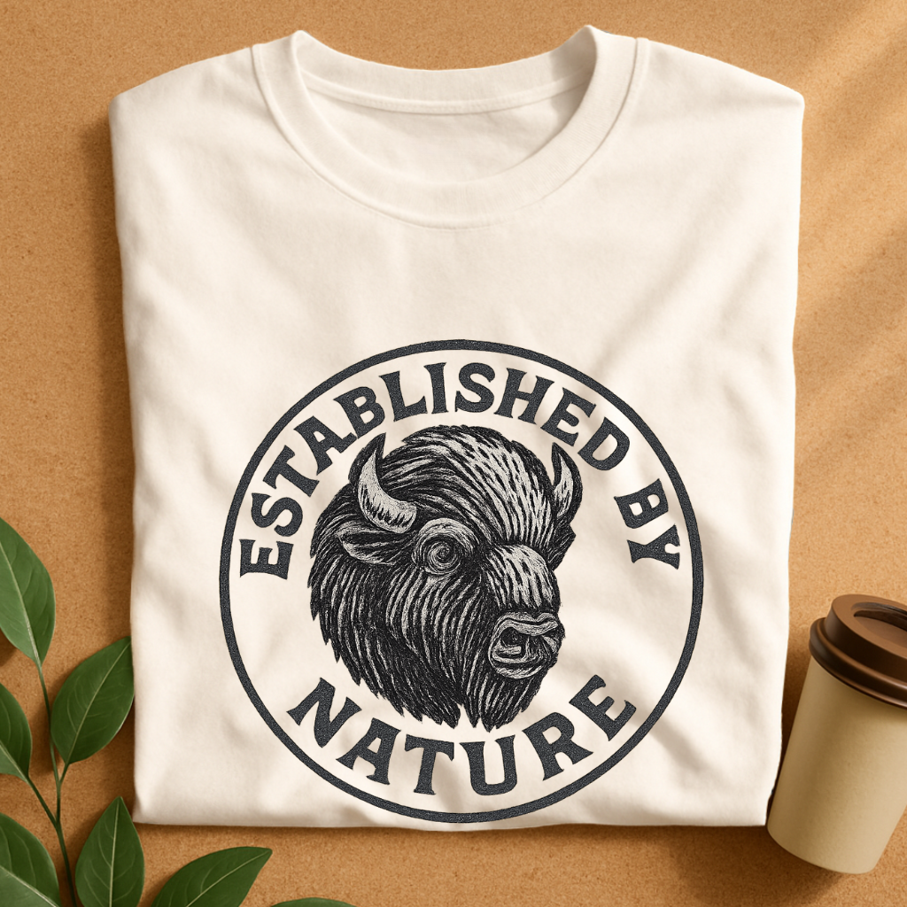 Rustic Woodcut Bison Badge Tee – Vintage Wilderness Emblem T-Shirt