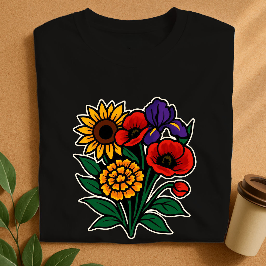 Vibrant Bouquet of Sunflower, Poppy & Iris – Floral Harmony T-Shirt