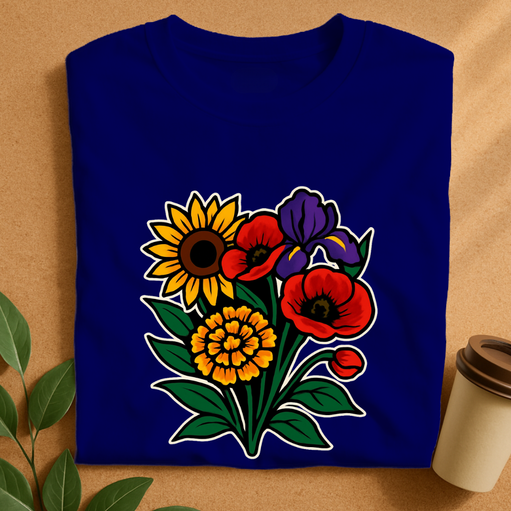 Vibrant Bouquet of Sunflower, Poppy & Iris – Floral Harmony T-Shirt