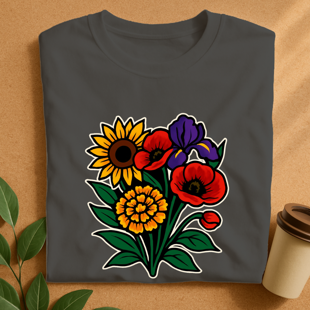 Vibrant Bouquet of Sunflower, Poppy & Iris – Floral Harmony T-Shirt