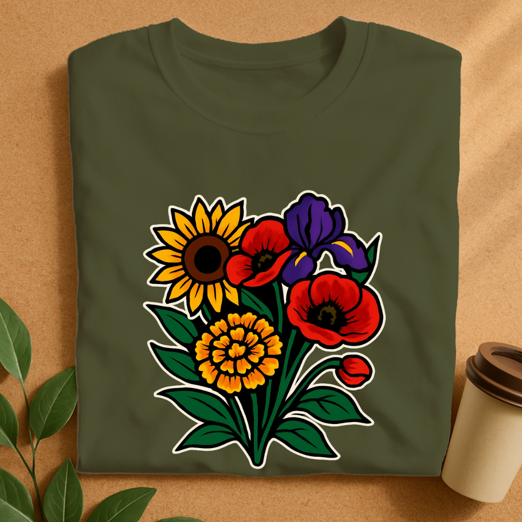 Vibrant Bouquet of Sunflower, Poppy & Iris – Floral Harmony T-Shirt