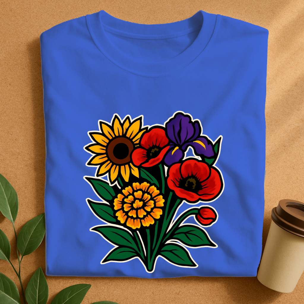Vibrant Bouquet of Sunflower, Poppy & Iris – Floral Harmony T-Shirt