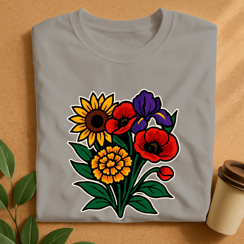 Vibrant Bouquet of Sunflower, Poppy & Iris – Floral Harmony T-Shirt