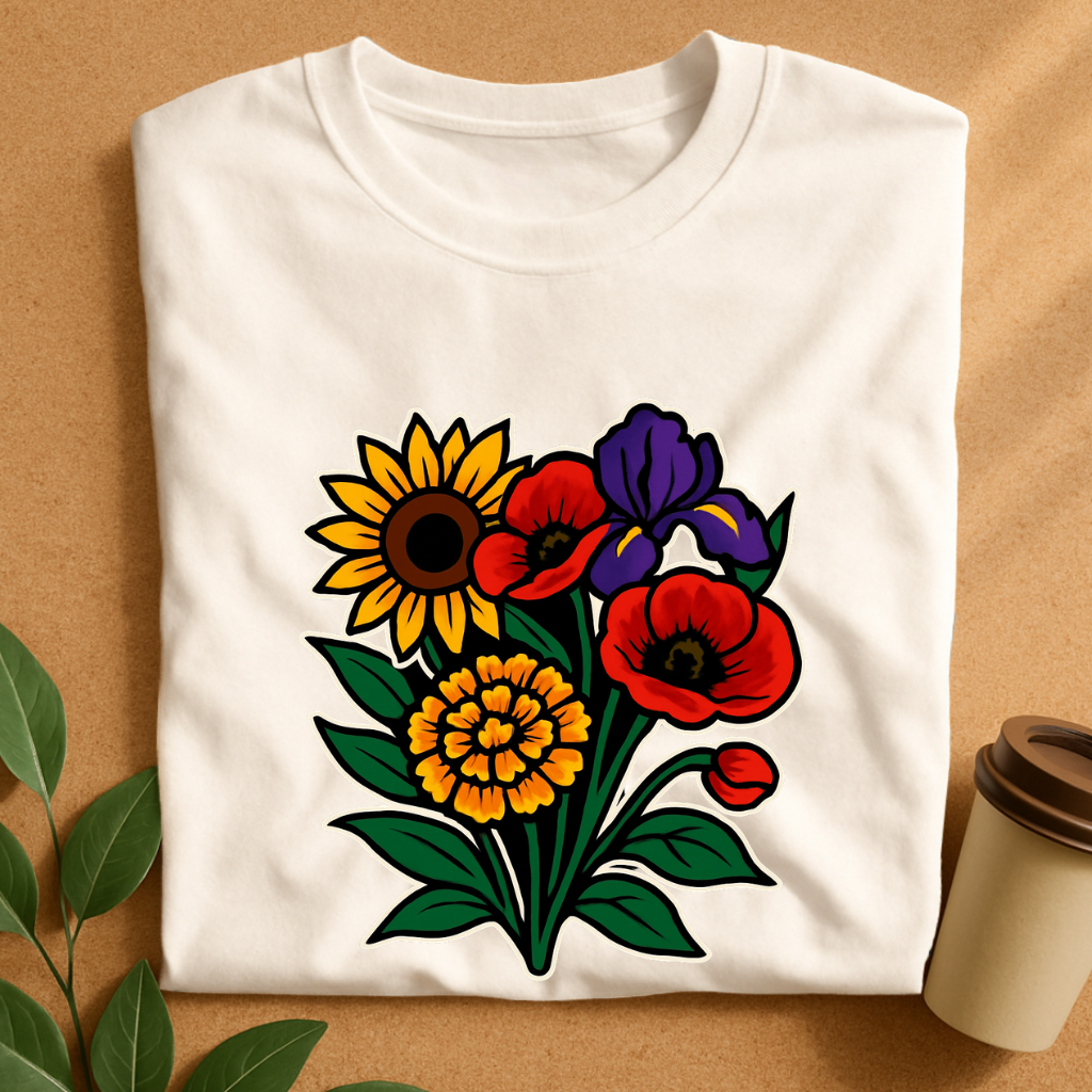 Vibrant Bouquet of Sunflower, Poppy & Iris – Floral Harmony T-Shirt