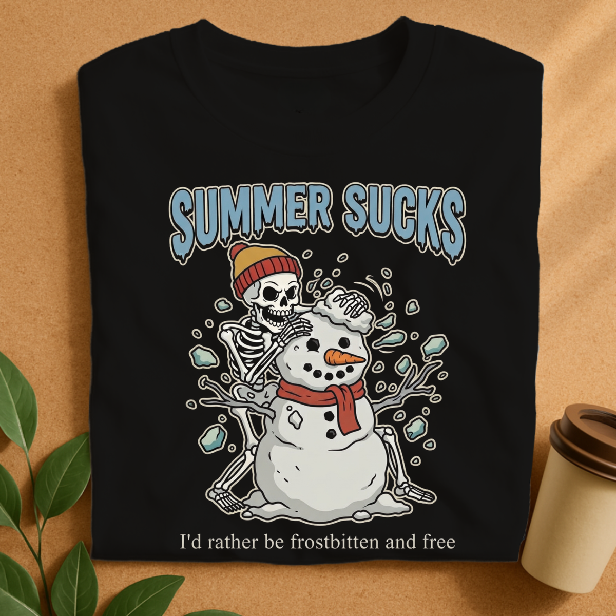 Summer Sucks Frostbitten Skeleton Snowman T-Shirt
