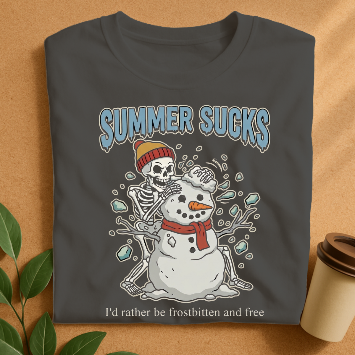 Summer Sucks Frostbitten Skeleton Snowman T-Shirt