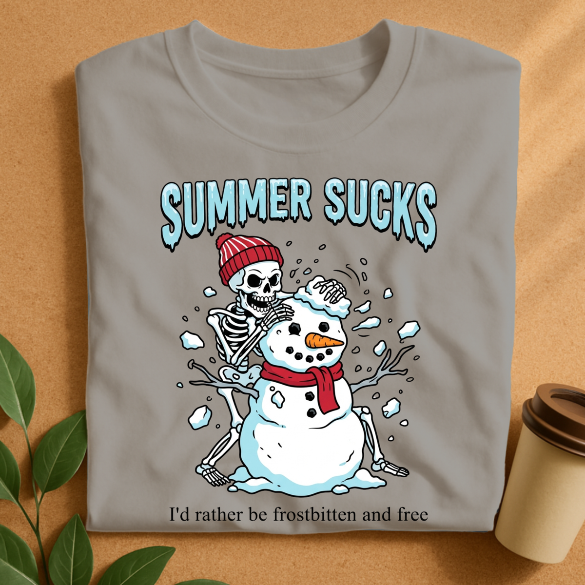 Summer Sucks Frostbitten Skeleton Snowman T-Shirt
