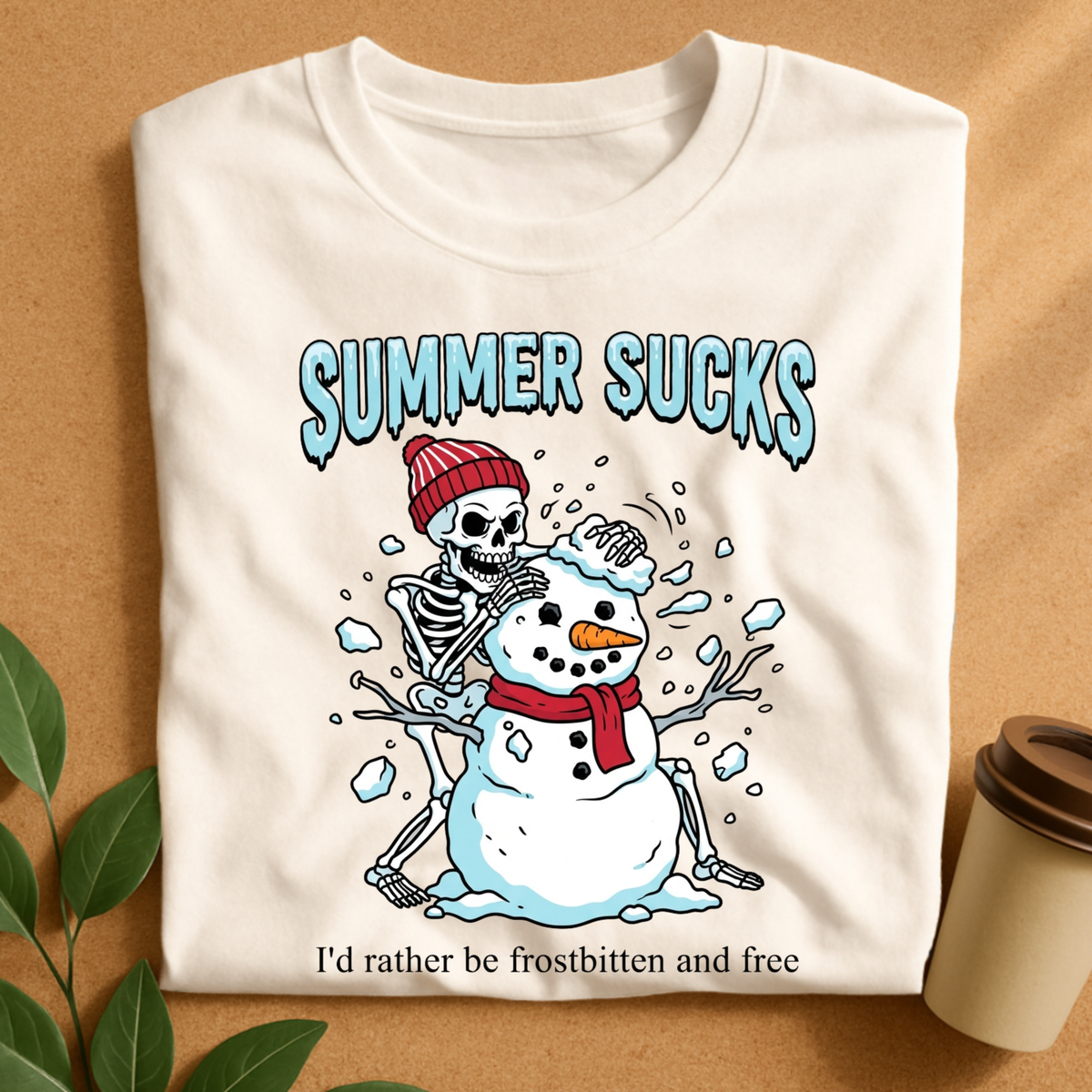 Summer Sucks Frostbitten Skeleton Snowman T-Shirt