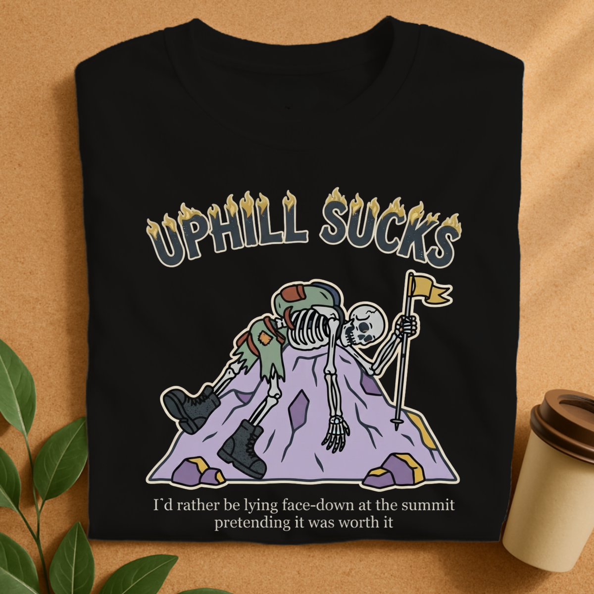 Uphill Sucks Hiking Skeleton T-Shirt