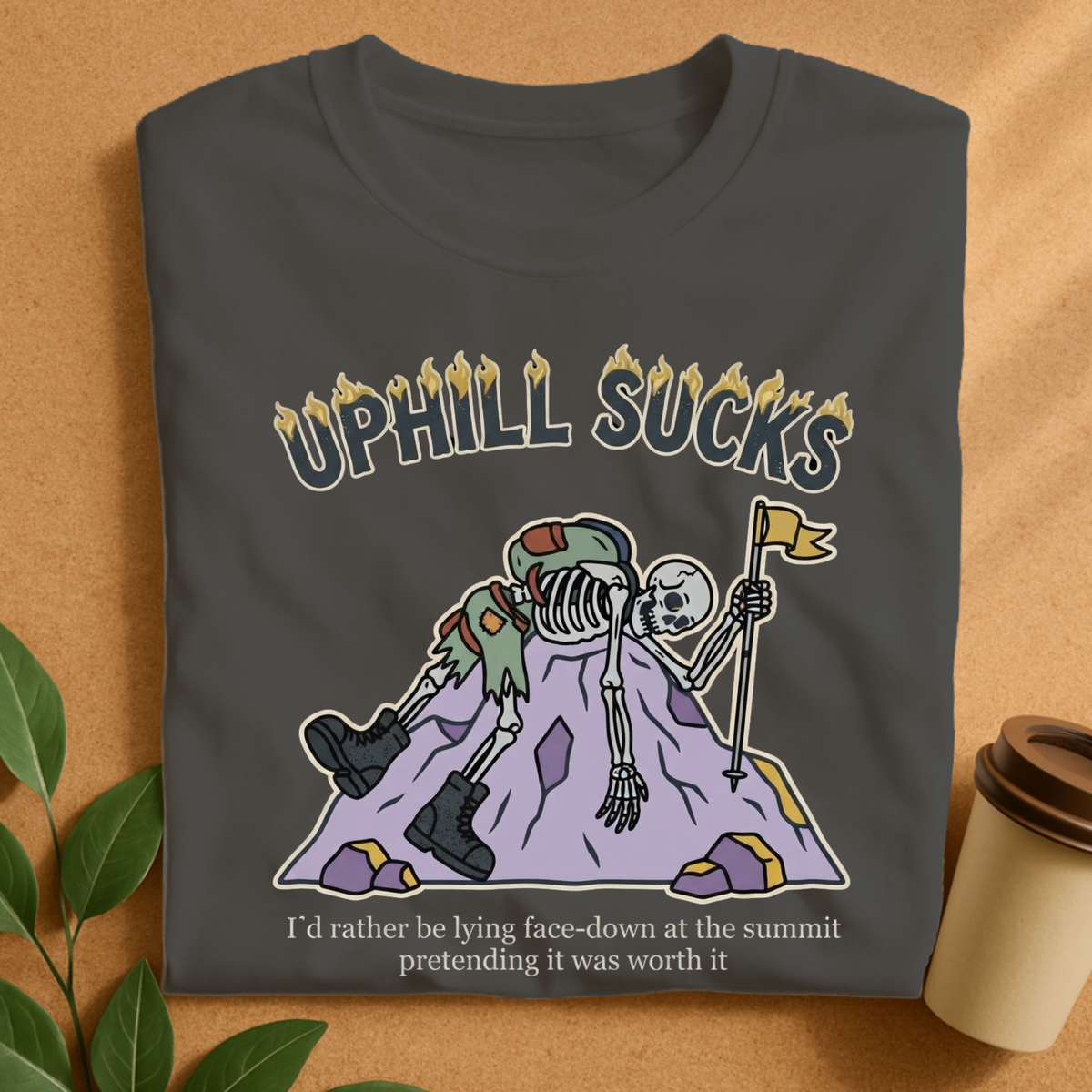 Uphill Sucks Hiking Skeleton T-Shirt